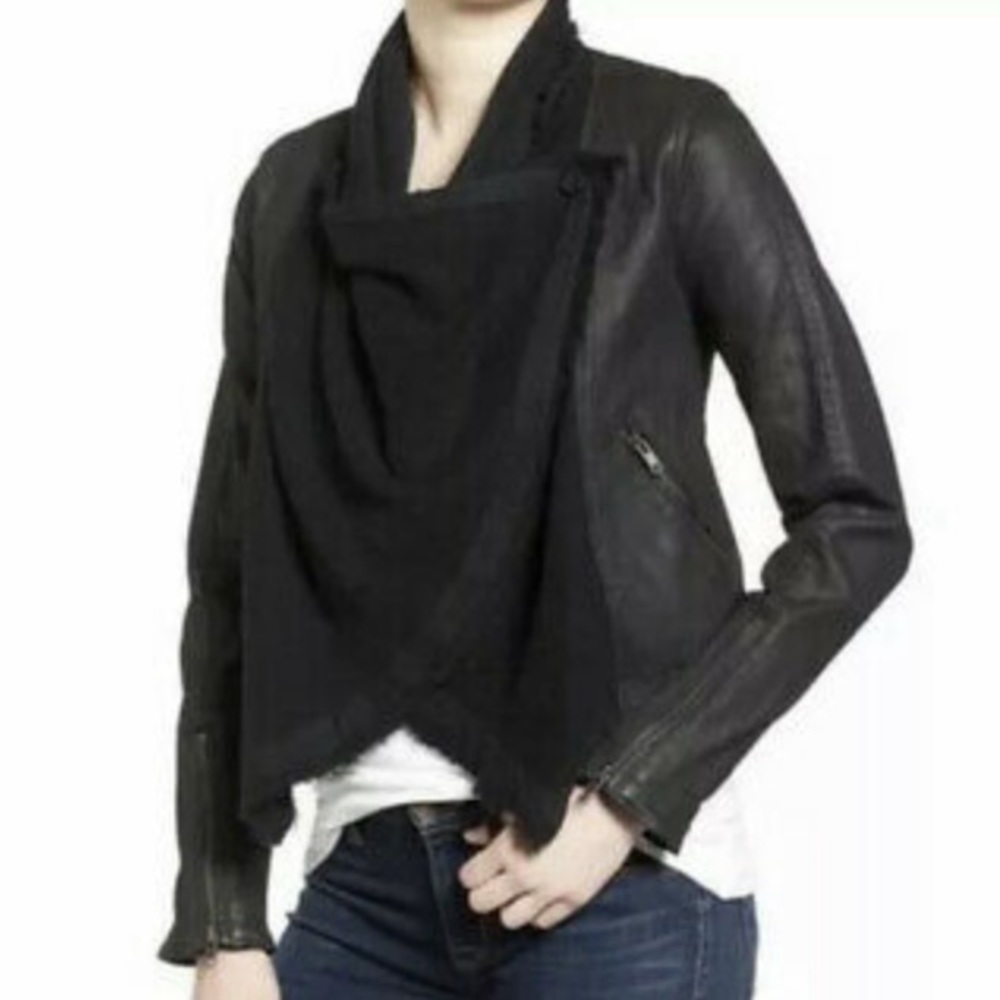Free People Front Draped Coated Denim Moto Jacket Black size 2